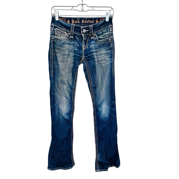 Rock Revival Debbie Boot Cut Denim Jeans Size 26 Vintage Y2K Embroidered Blue - Picture 1 of 9